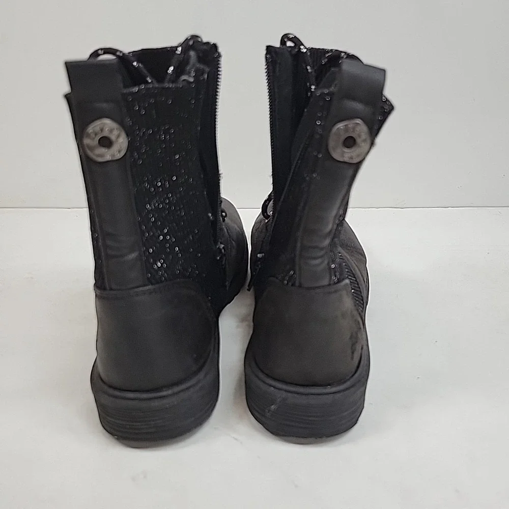 Blowfish Girls Black Glitter Combat Boots Sz 3 Lace-Up Lug Sole‎ Side Zip Cute